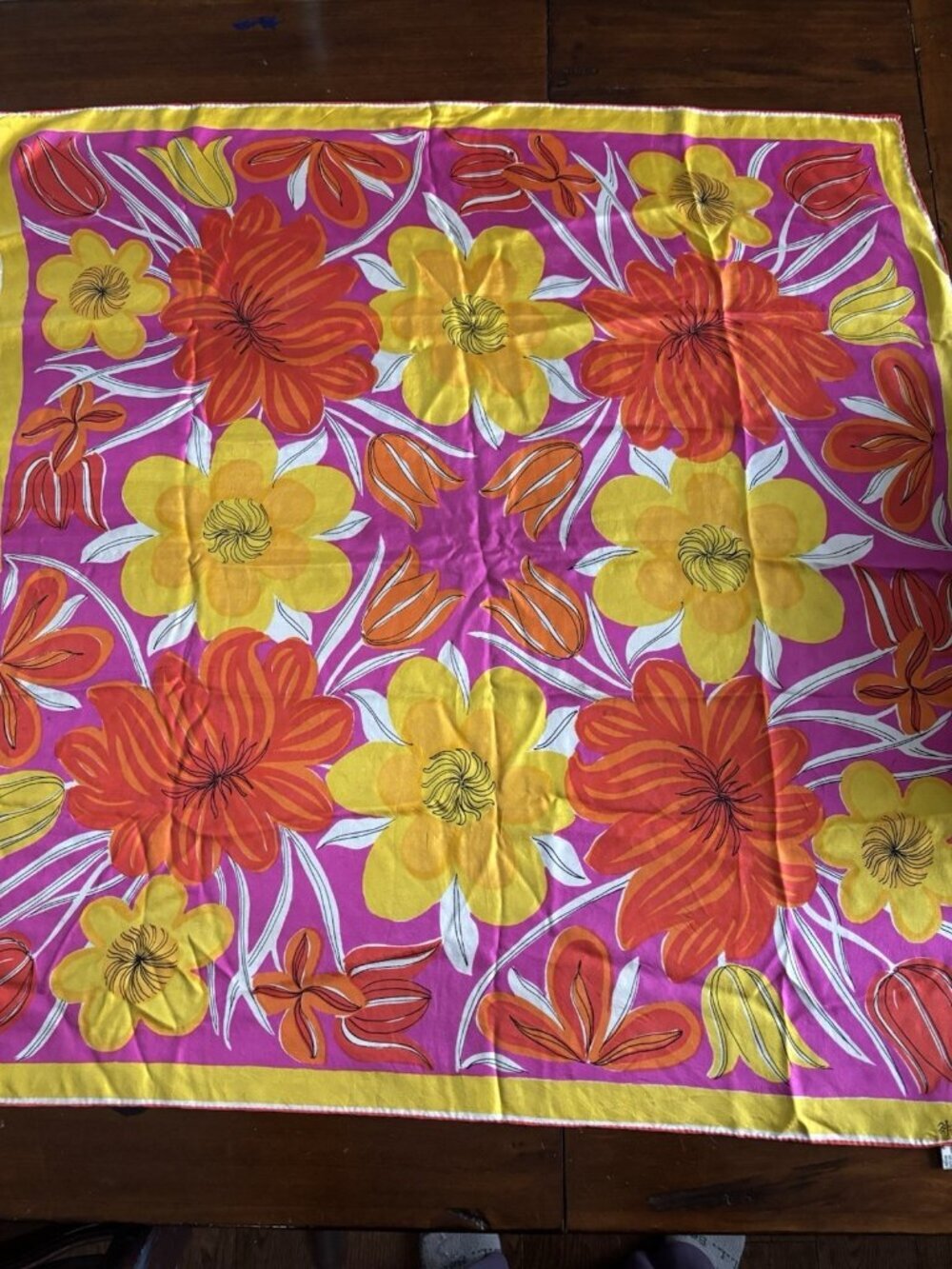 1970's Vera Neumann‎ Silk Chiffon Hand Rolled Bright Floral 29" Square Scarf